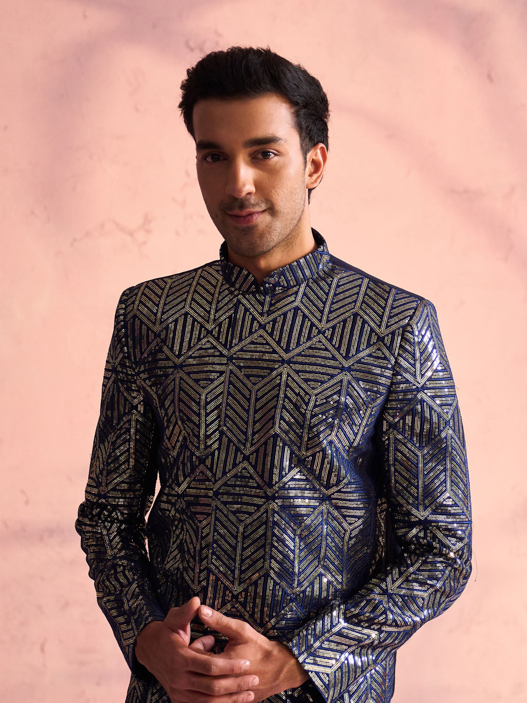 VASTRAMAY Men's Navy Blue Georgette Sherwani Only Top