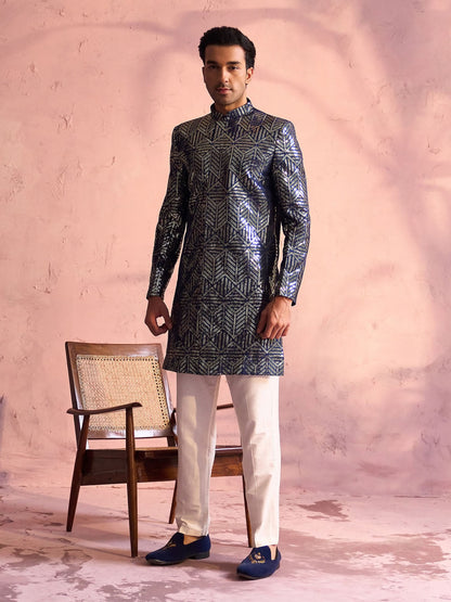 VASTRAMAY Men's Navy Blue Georgette Embellished Indo Set