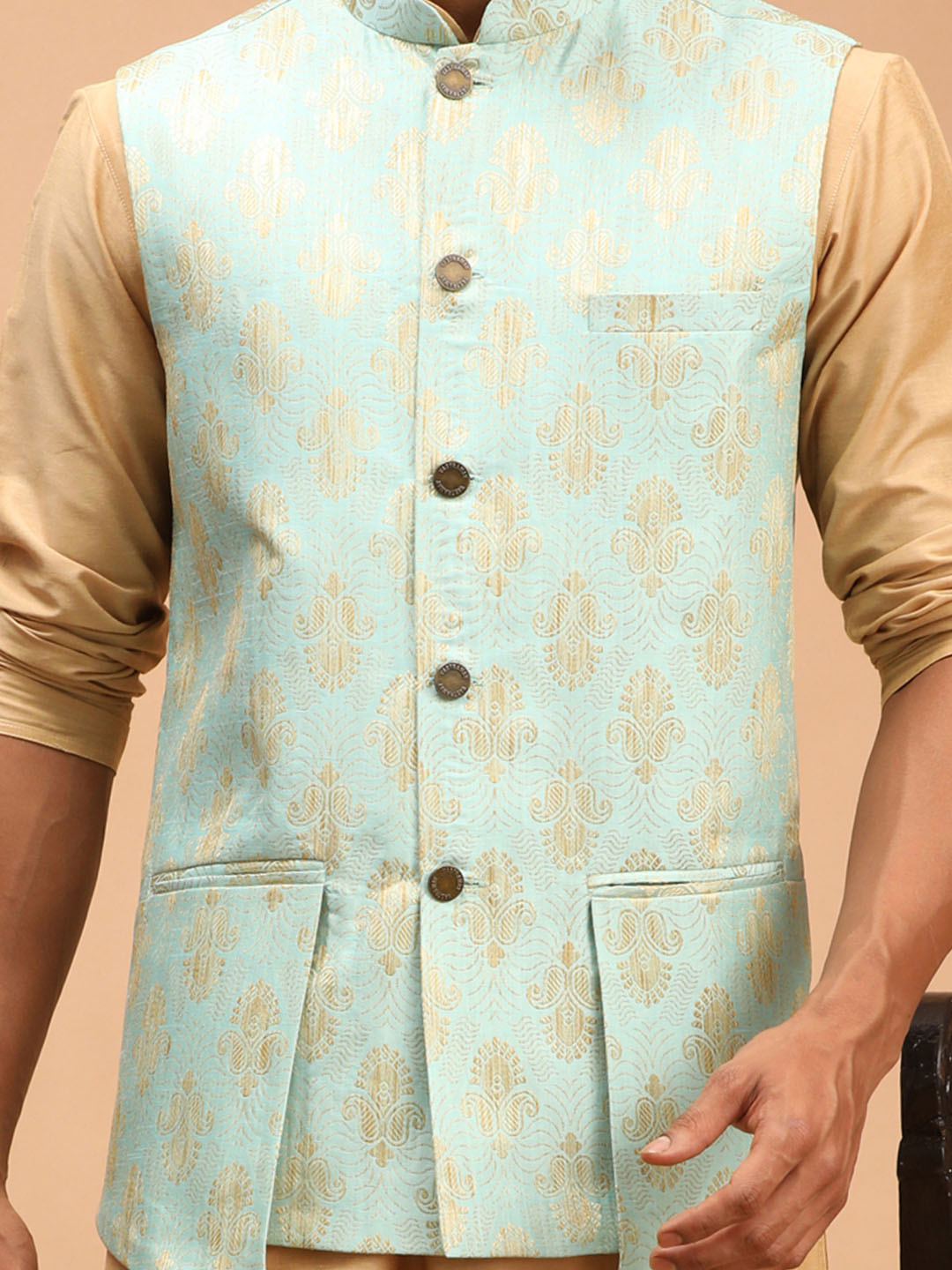 shrestha by Vastramay mens green printed ethnic jacket