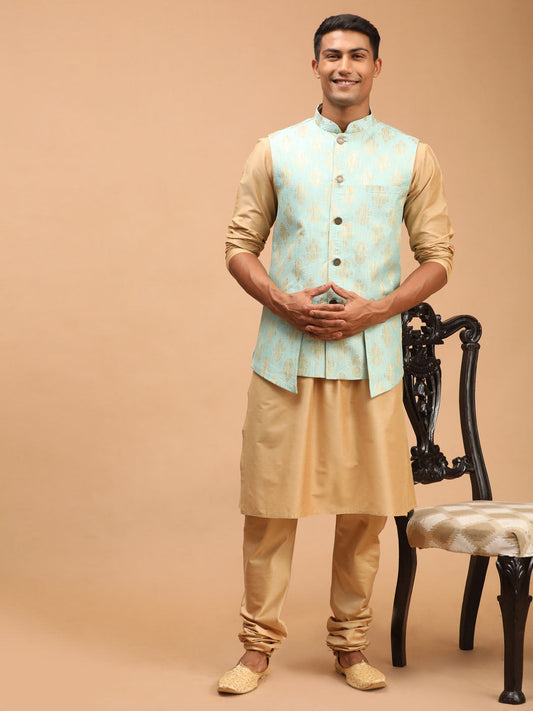 shrestha by Vastramay mens green printed ethnic jacket and rose gold kurta and pyjama set