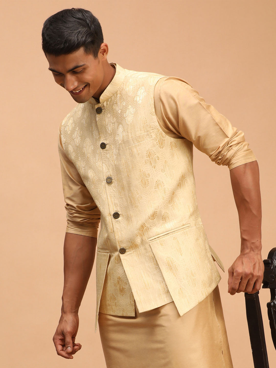 shrestha by Vastramay mens gold color printed ethnic jacket