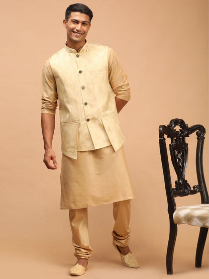 shrestha by Vastramay mens gold printed ethnic jacket and rose gold kurta and pyjama set