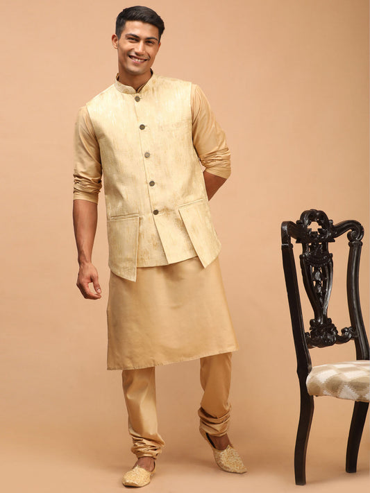 shrestha by Vastramay mens gold printed ethnic jacket and rose gold kurta and pyjama set