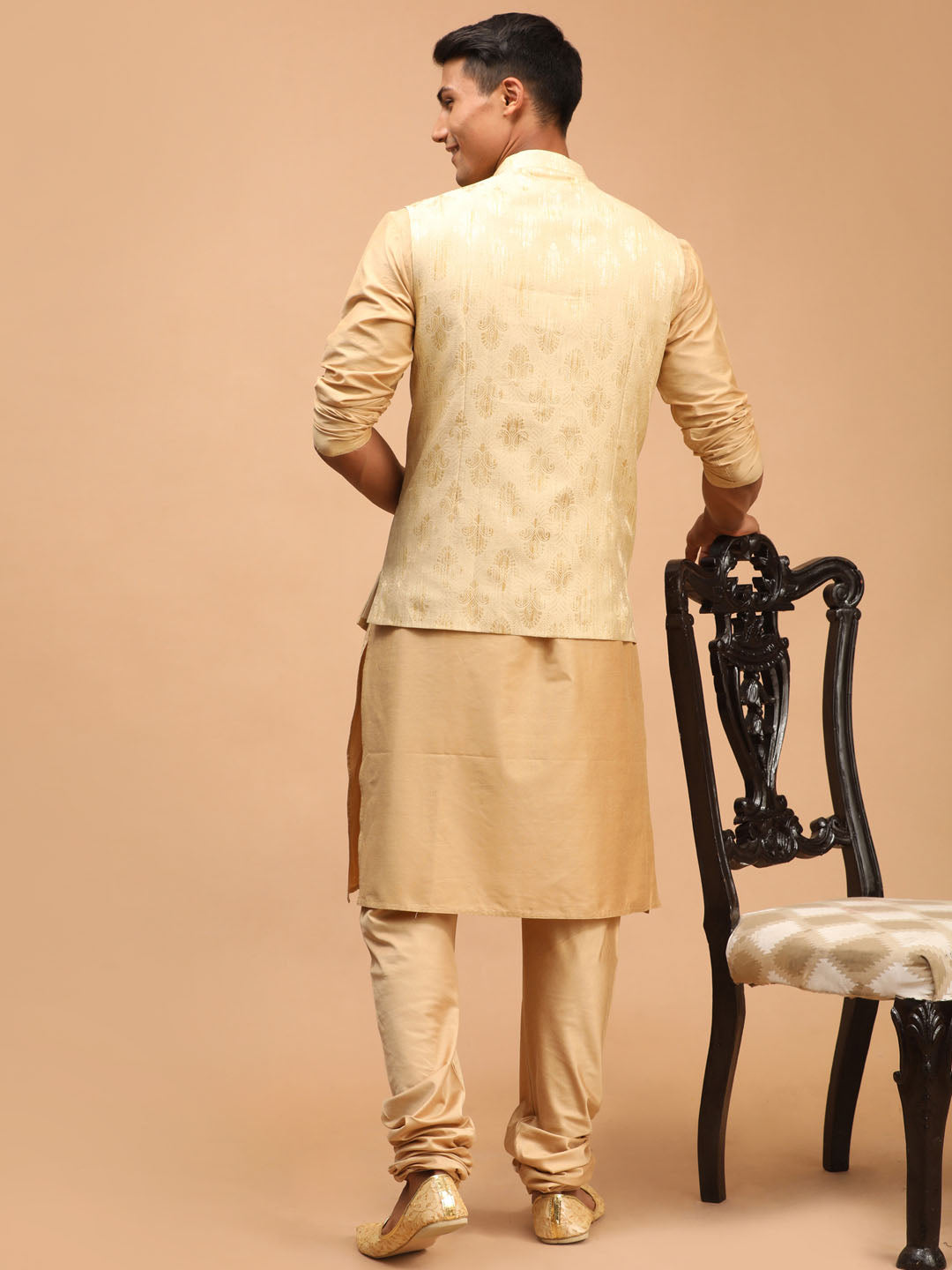 shrestha by Vastramay mens gold printed ethnic jacket and rose gold kurta and pyjama set