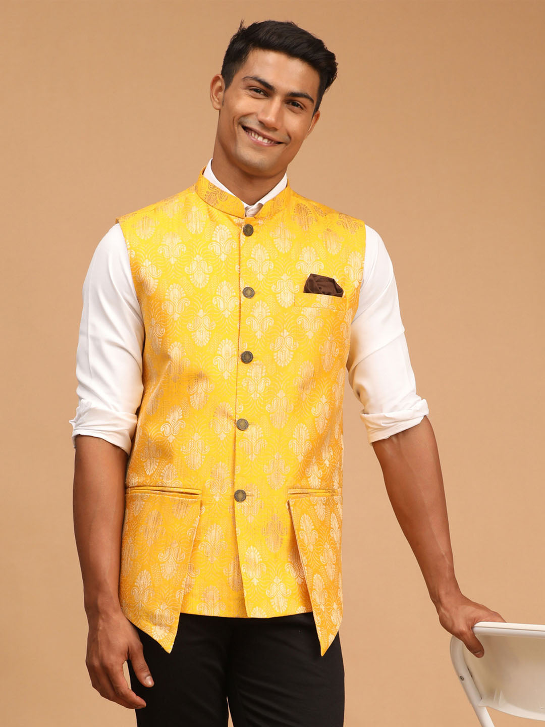 shrestha by Vastramay mens yellow color printed ethnic jacket