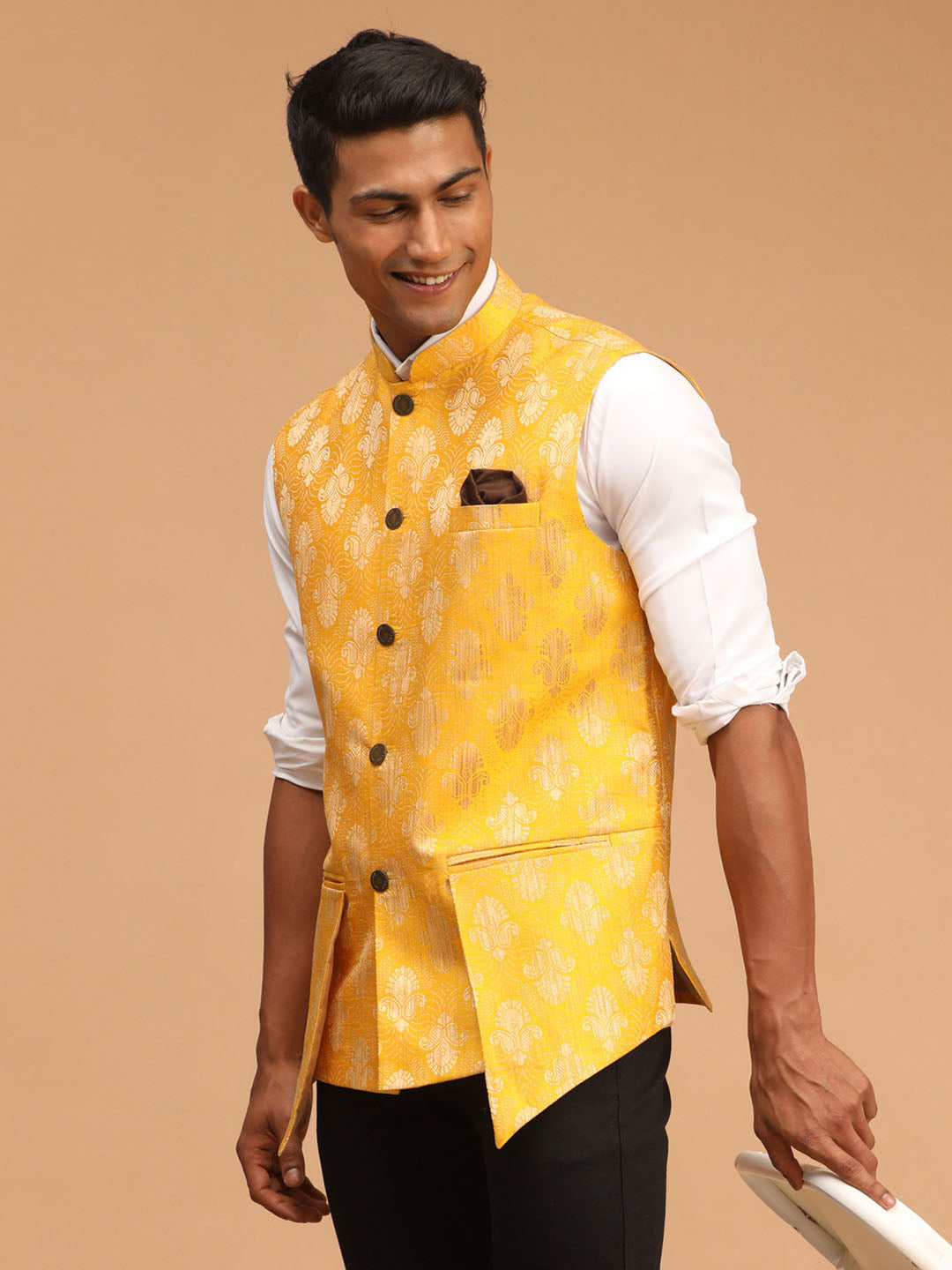 shrestha by Vastramay mens yellow color printed ethnic jacket