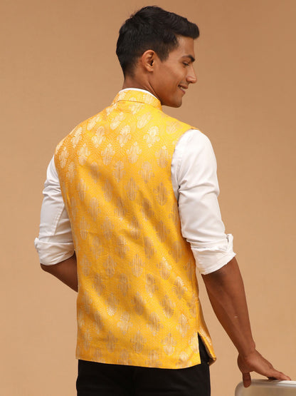 shrestha by Vastramay mens yellow color printed ethnic jacket