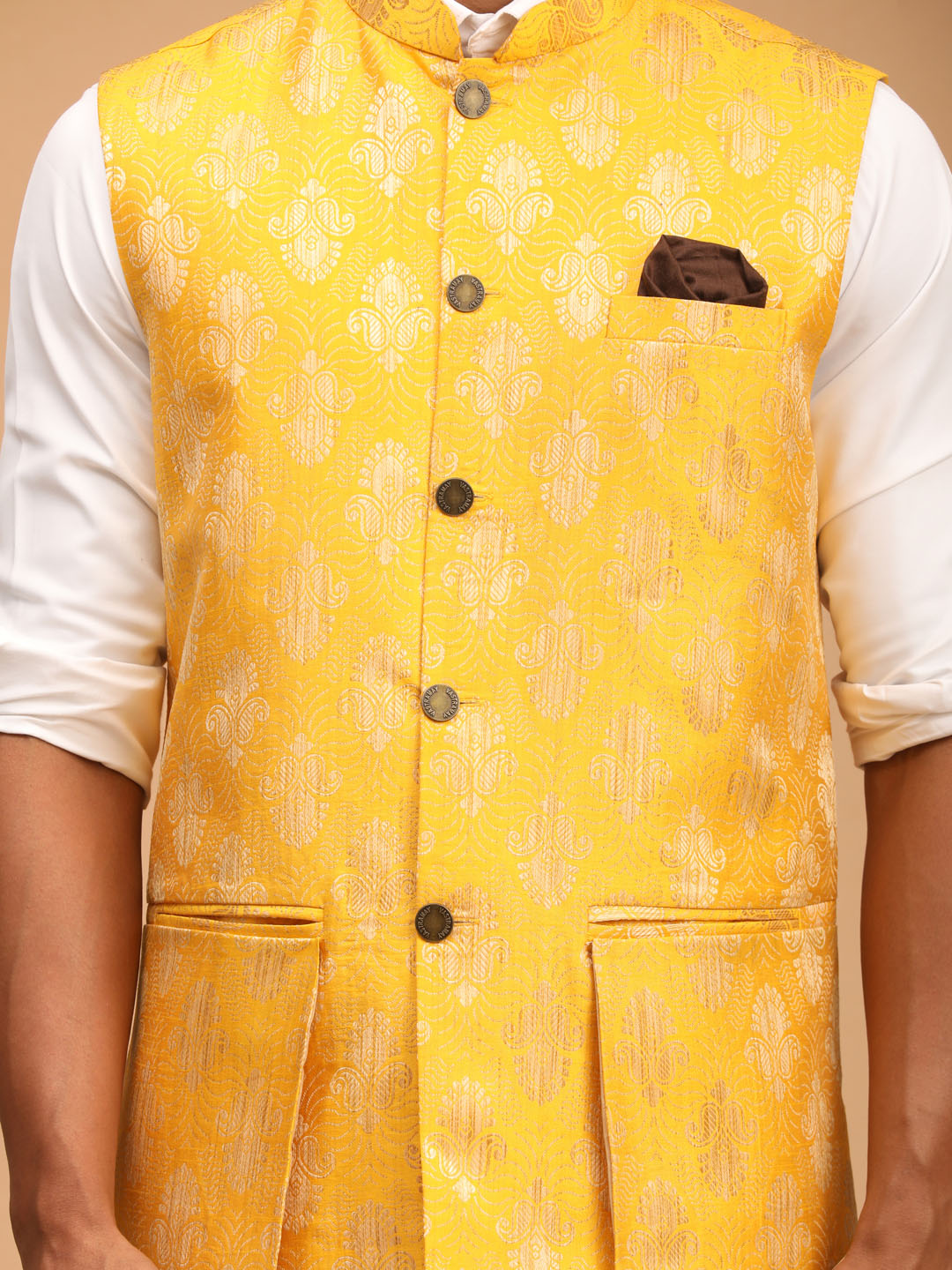 shrestha by Vastramay mens yellow color printed ethnic jacket