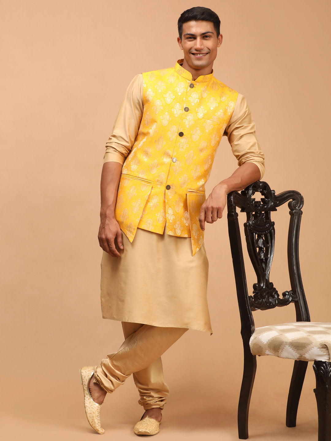 shrestha by Vastramay mens yellow printed ethnic jacket and rose gold kurta and pyjama set