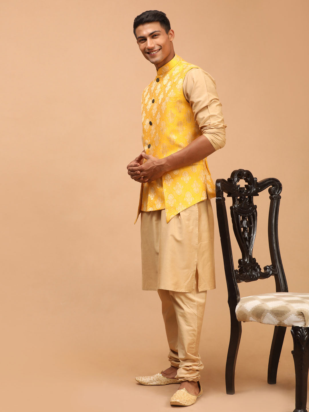 shrestha by Vastramay mens yellow printed ethnic jacket and rose gold kurta and pyjama set