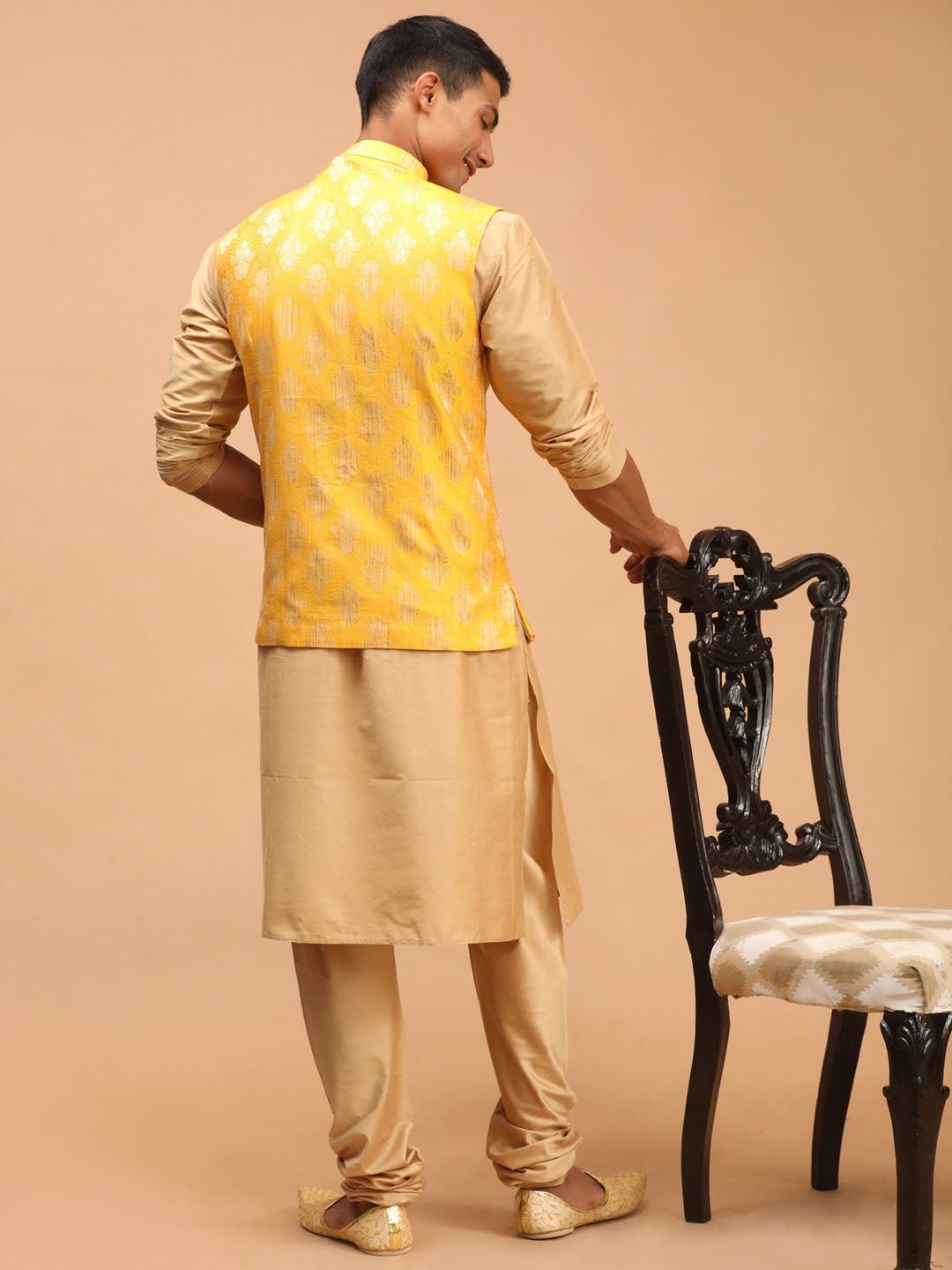 shrestha by Vastramay mens yellow printed ethnic jacket and rose gold kurta and pyjama set