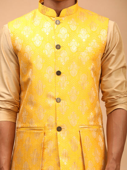 shrestha by Vastramay mens yellow printed ethnic jacket and rose gold kurta and pyjama set