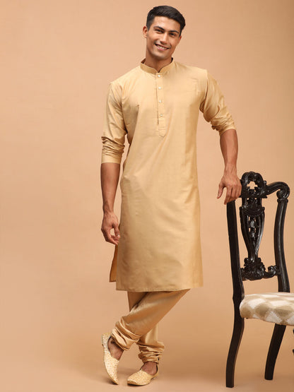 Vastramay Men's Yellow Woven Ethnic Jacket And Rose Gold Kurta And Pyjama Set