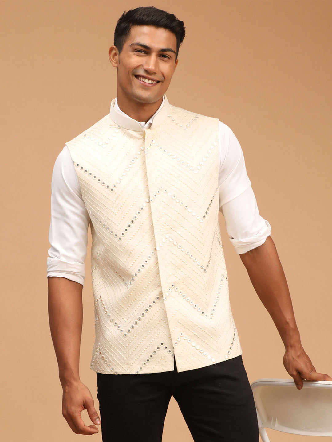 shrestha by Vastramay mens cream color mirror work ethnic jacket