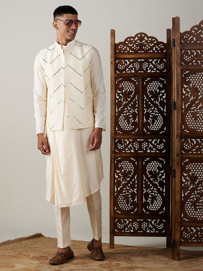 Vastramay mens cream mirror work jacket and cream pleated kurta with pant style pyjama set