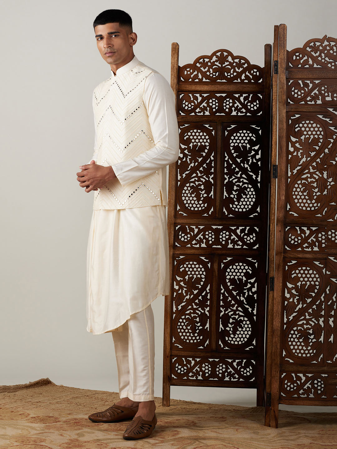 Vastramay mens cream mirror work jacket and cream pleated kurta with pant style pyjama set