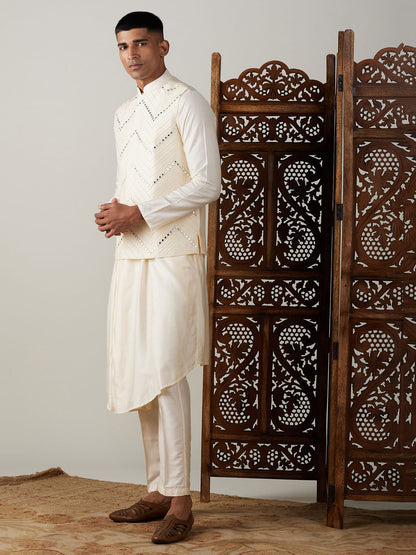 Vastramay mens cream mirror work jacket and cream pleated kurta with pant style pyjama set