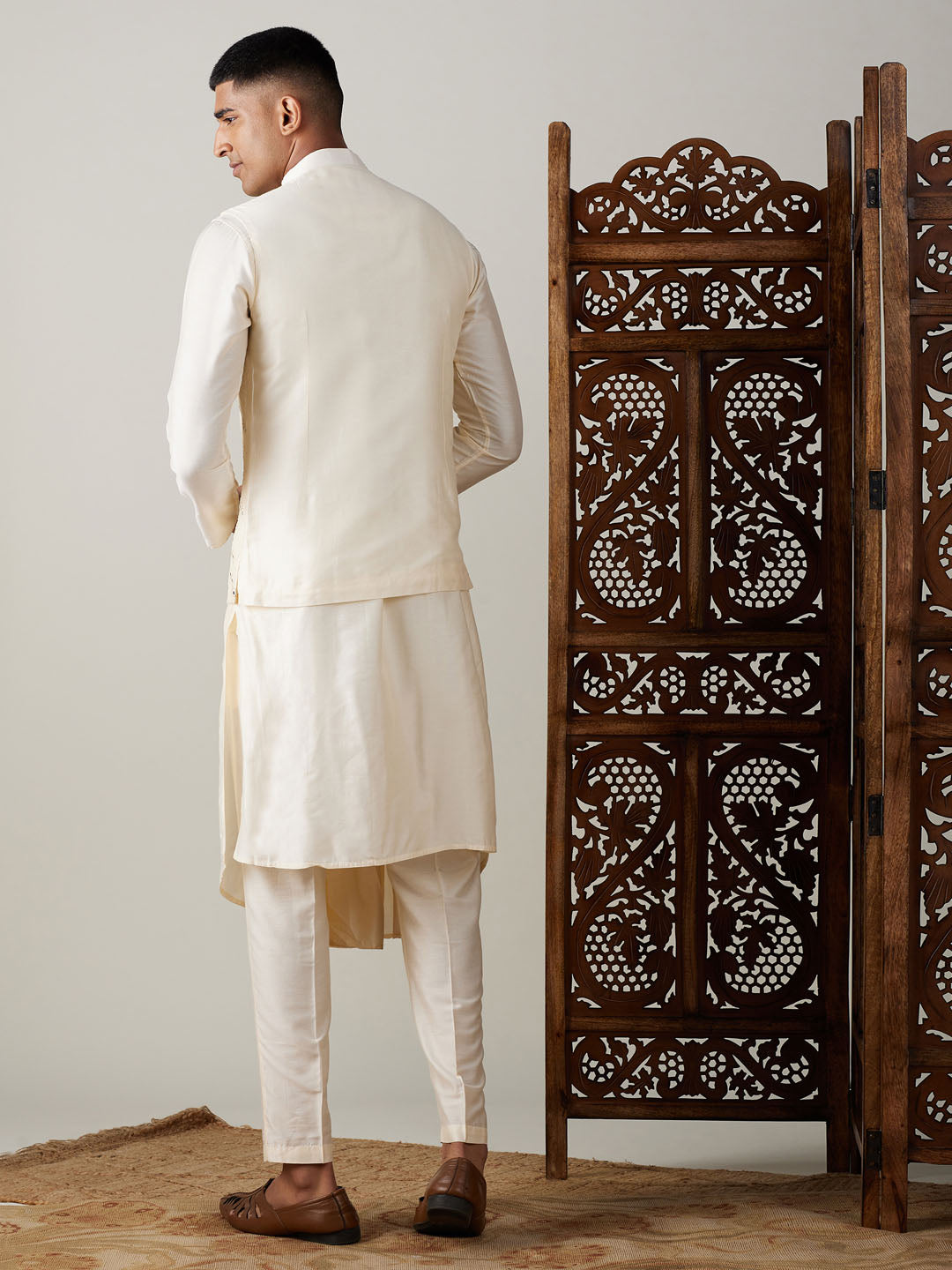 Vastramay mens cream mirror work jacket and cream pleated kurta with pant style pyjama set