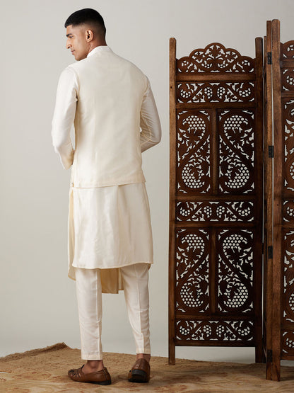 Vastramay mens cream mirror work jacket and cream pleated kurta with pant style pyjama set