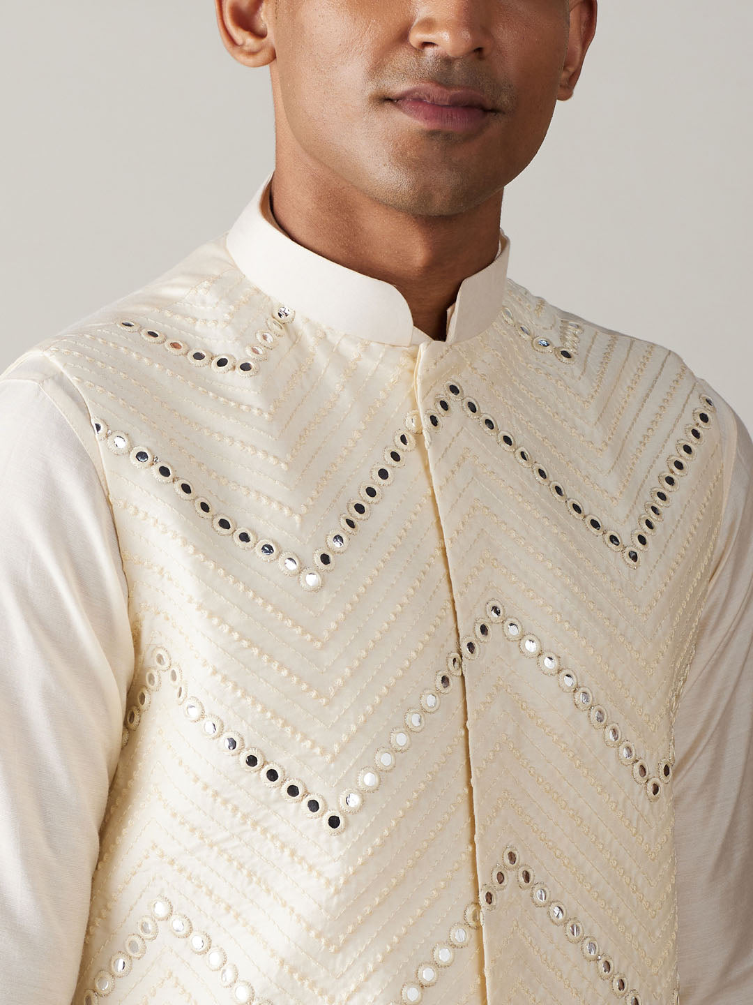 Vastramay mens cream mirror work jacket and cream pleated kurta with pant style pyjama set