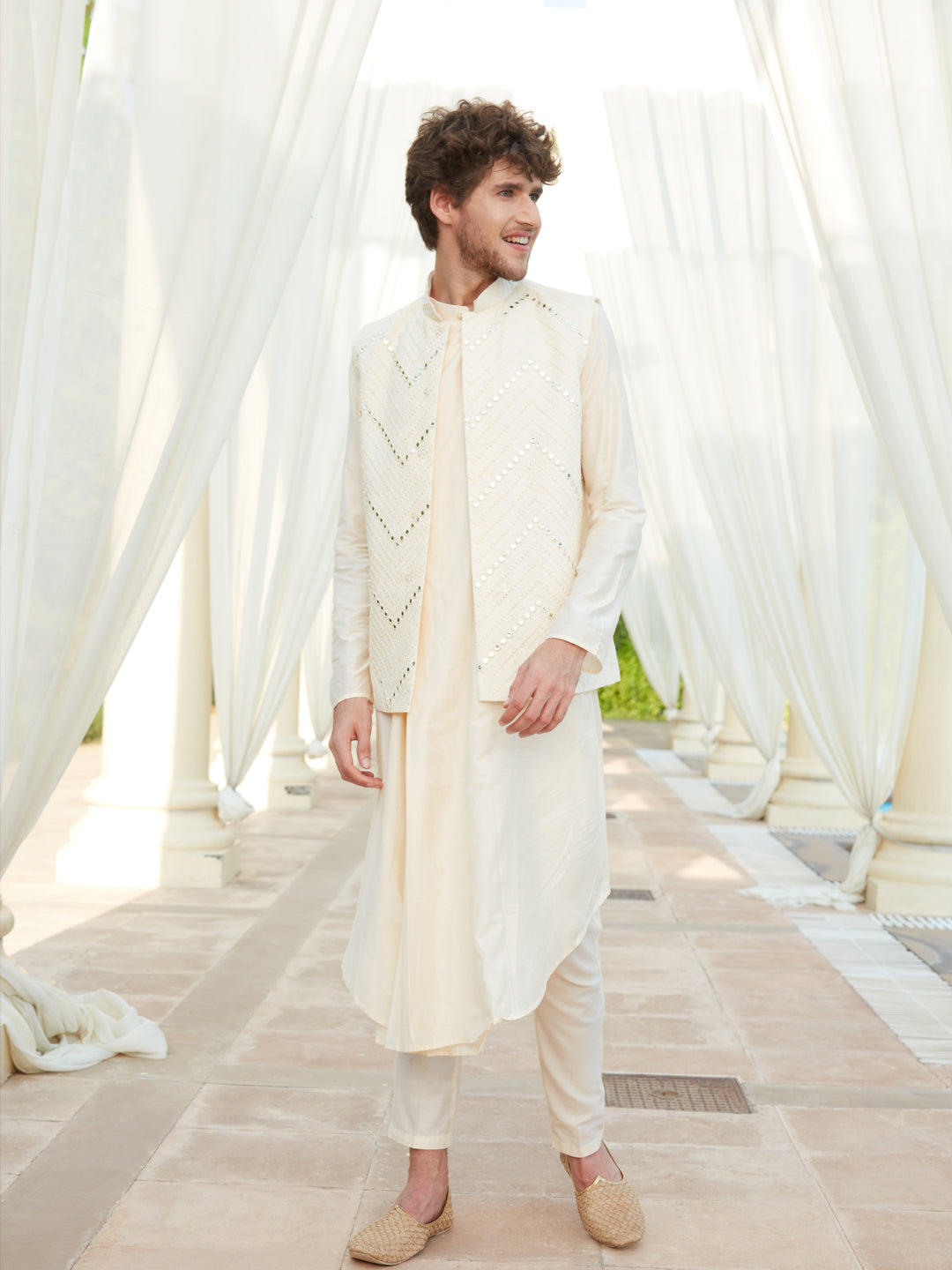 Vastramay mens cream mirror work jacket and cream pleated kurta with pant style pyjama set