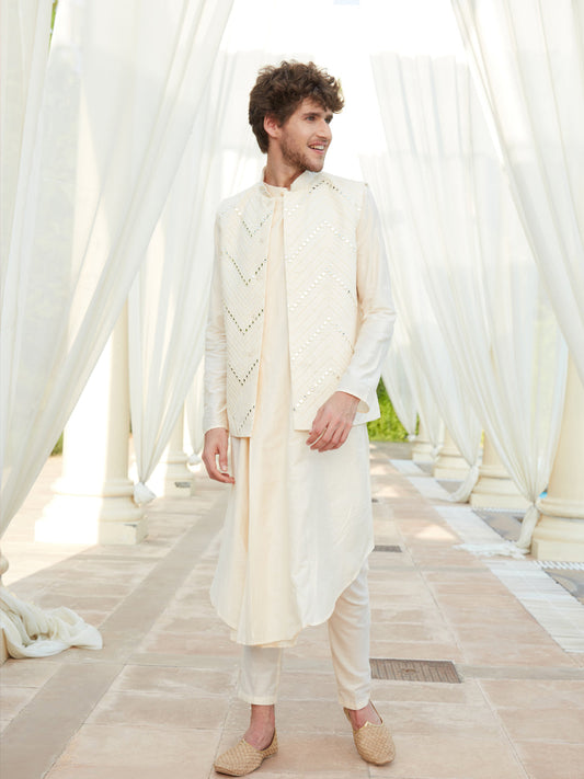 Vastramay mens cream mirror work jacket and cream pleated kurta with pant style pyjama set