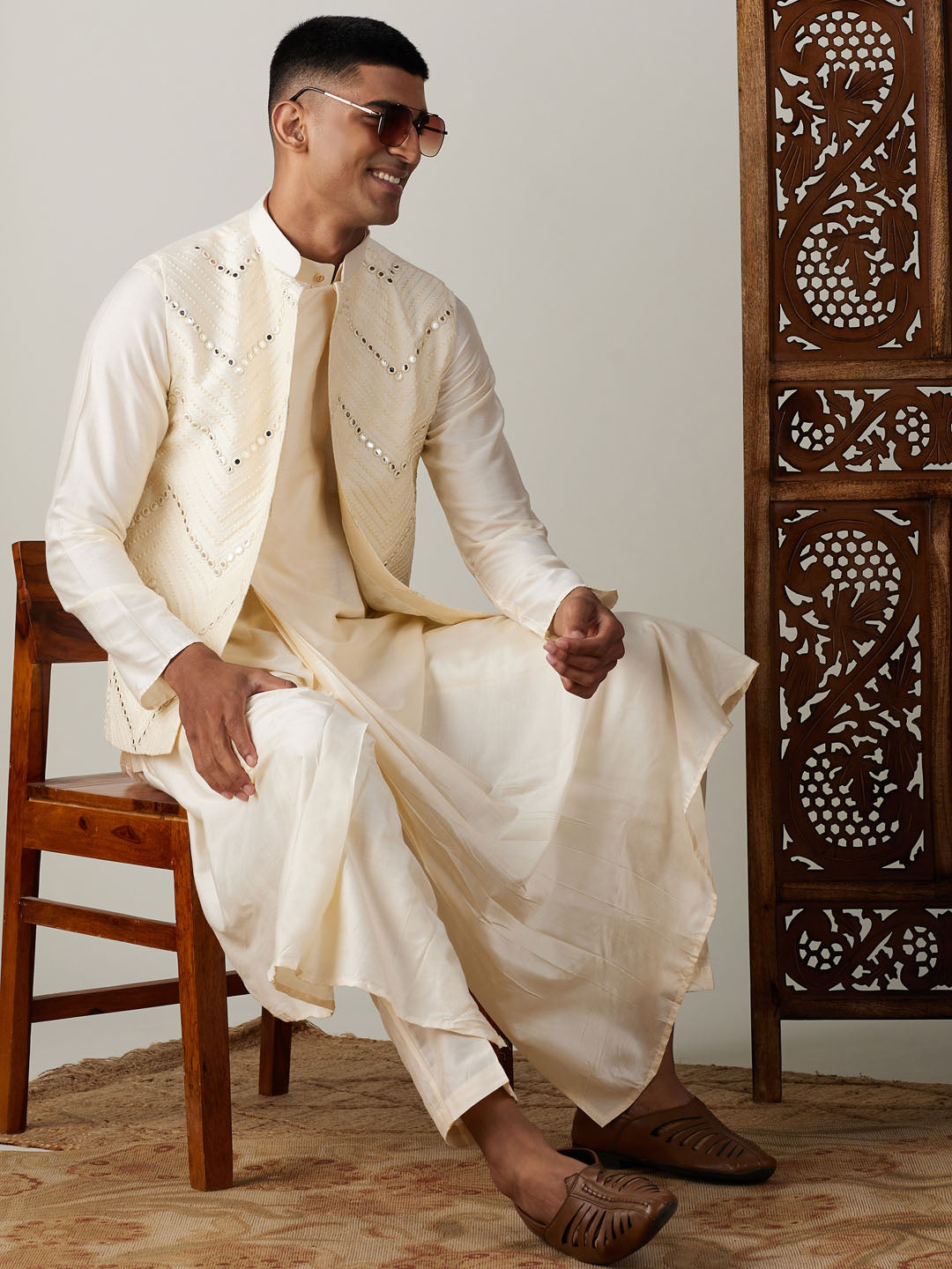 Vastramay mens cream mirror work jacket and cream pleated kurta with pant style pyjama set