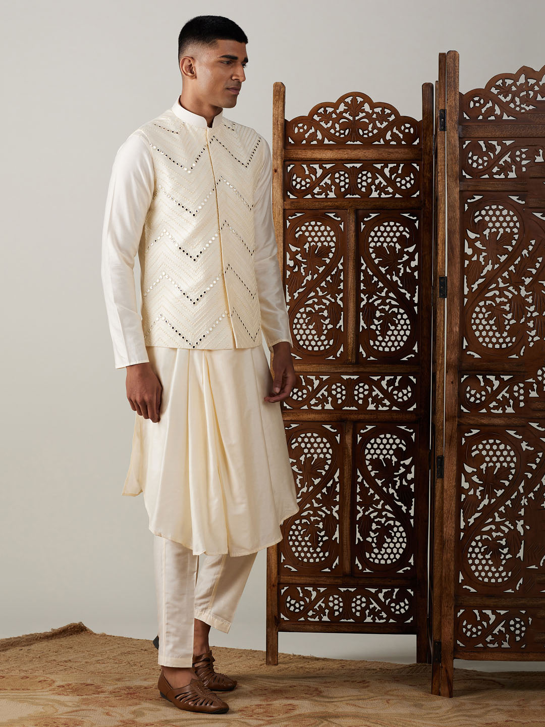 Vastramay mens cream mirror work jacket and cream pleated kurta with pant style pyjama set