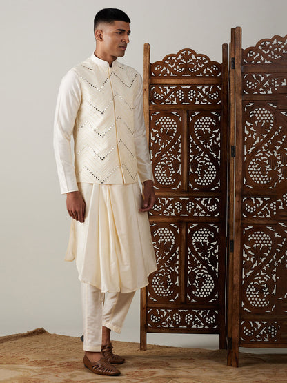 Vastramay mens cream mirror work jacket and cream pleated kurta with pant style pyjama set