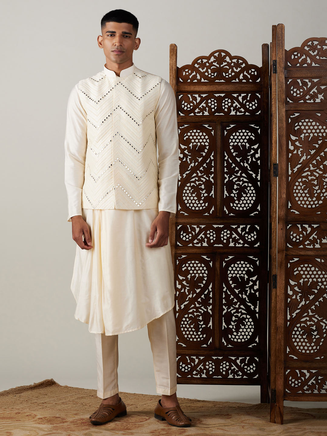 Vastramay mens cream mirror work jacket and cream pleated kurta with pant style pyjama set