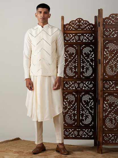 Vastramay mens cream mirror work jacket and cream pleated kurta with pant style pyjama set