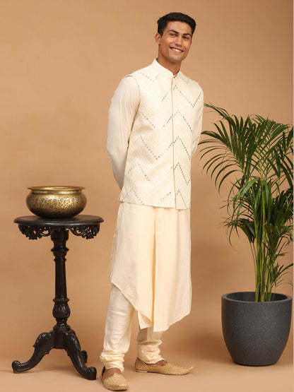 shrestha by Vastramay mens cream color mirror work jacket and cream pleated kurta pyjama set