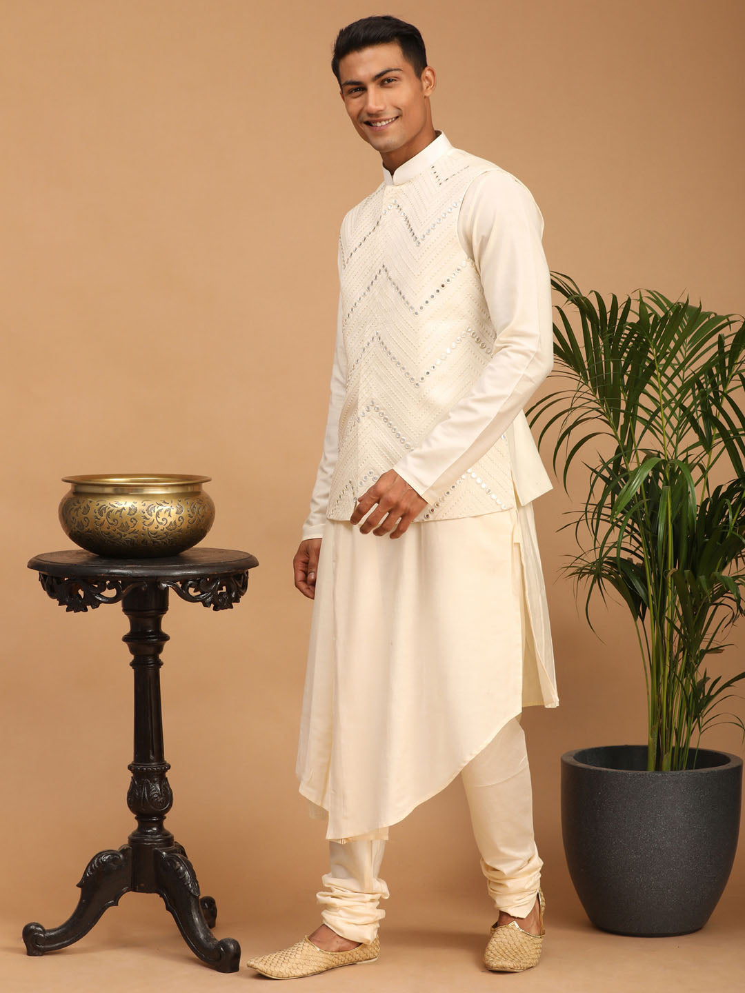 shrestha by Vastramay mens cream color mirror work jacket and cream pleated kurta pyjama set