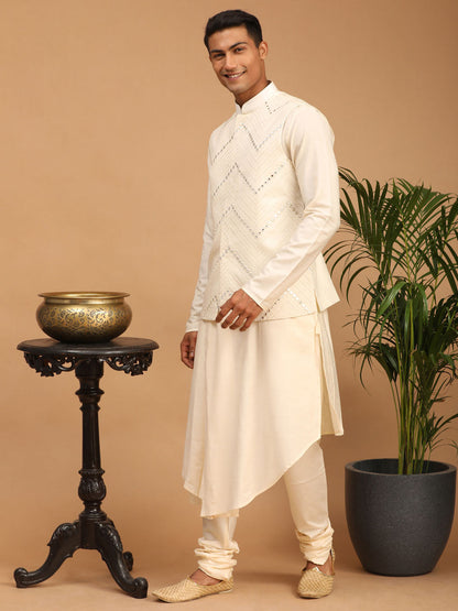 shrestha by Vastramay mens cream color mirror work jacket and cream pleated kurta pyjama set