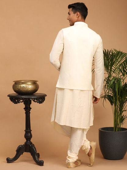 shrestha by Vastramay mens cream color mirror work jacket and cream pleated kurta pyjama set