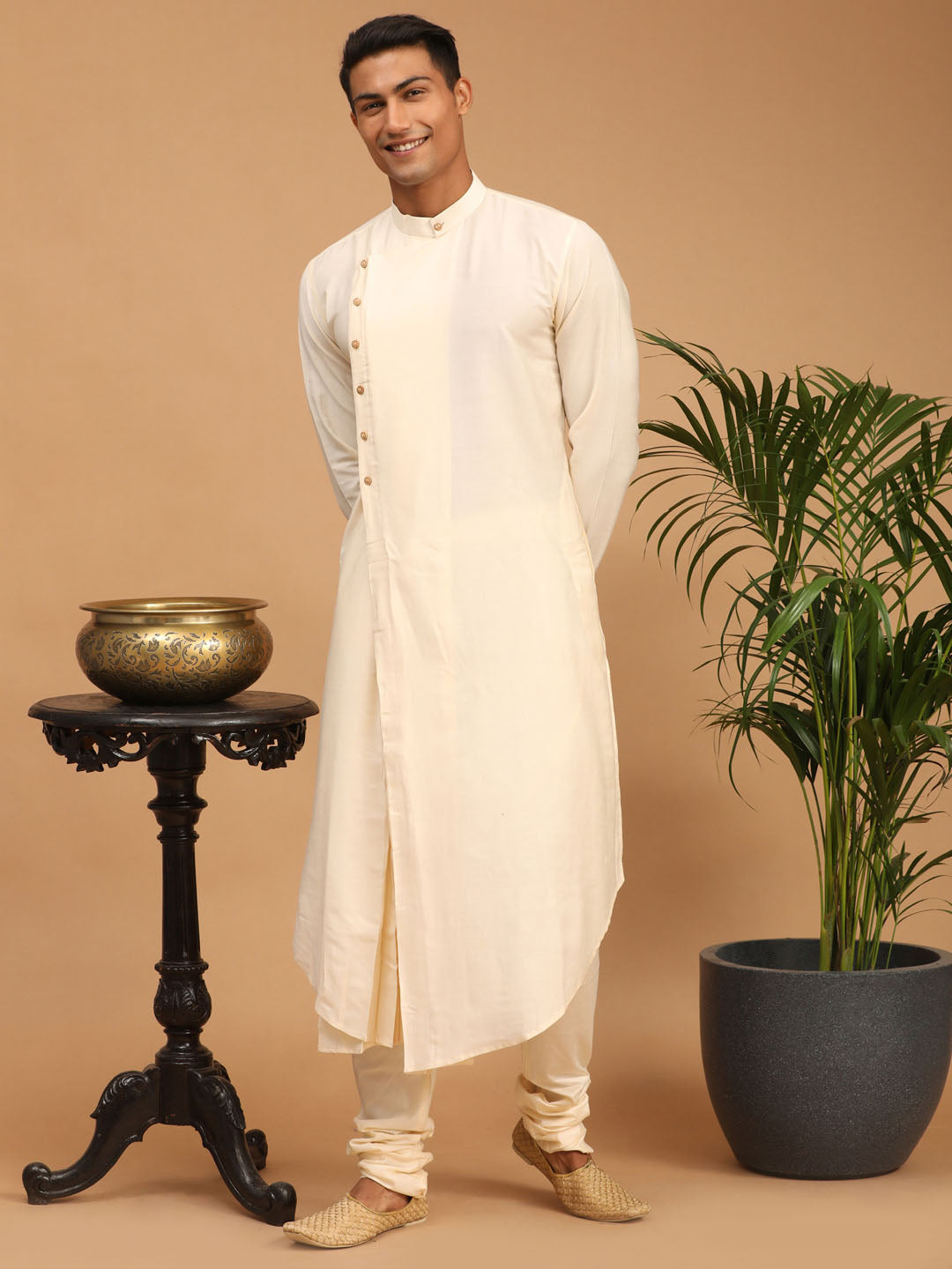 shrestha by Vastramay mens cream color mirror work jacket and cream pleated kurta pyjama set