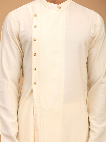 Vastramay Men's Cream Mirror Jacket With Pleated Kurta Pyjama Set