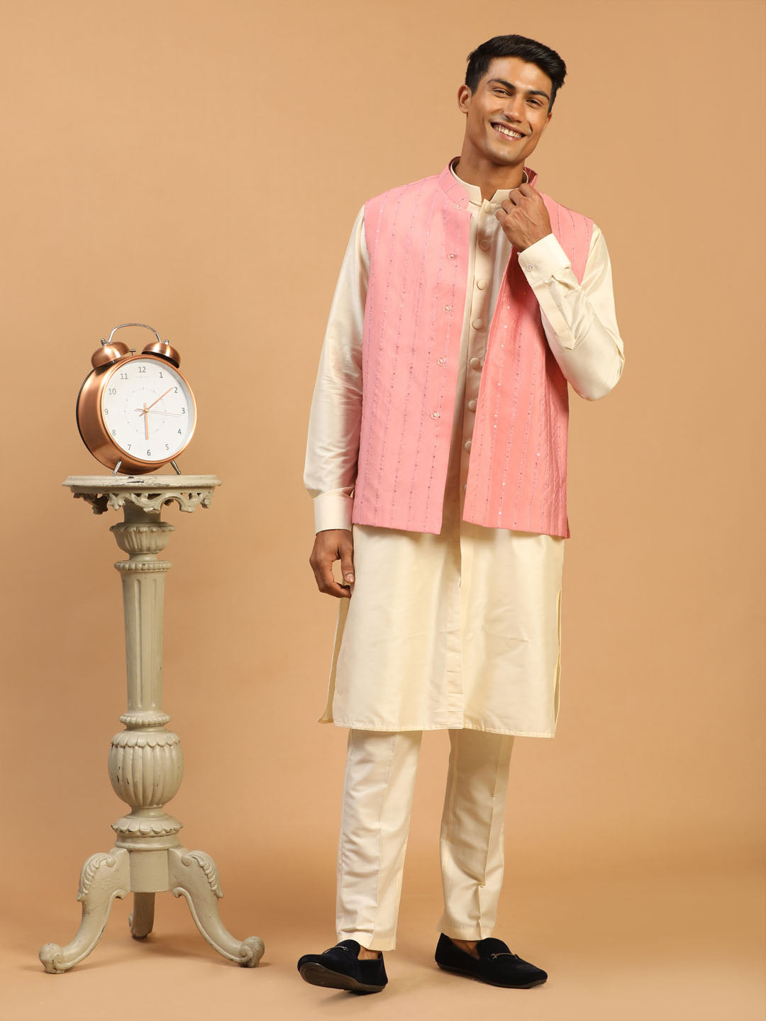 VASTRAMAY Men's Purple Sequined Ethnic Jacket With Cream Kurta And Viscose Pant Set