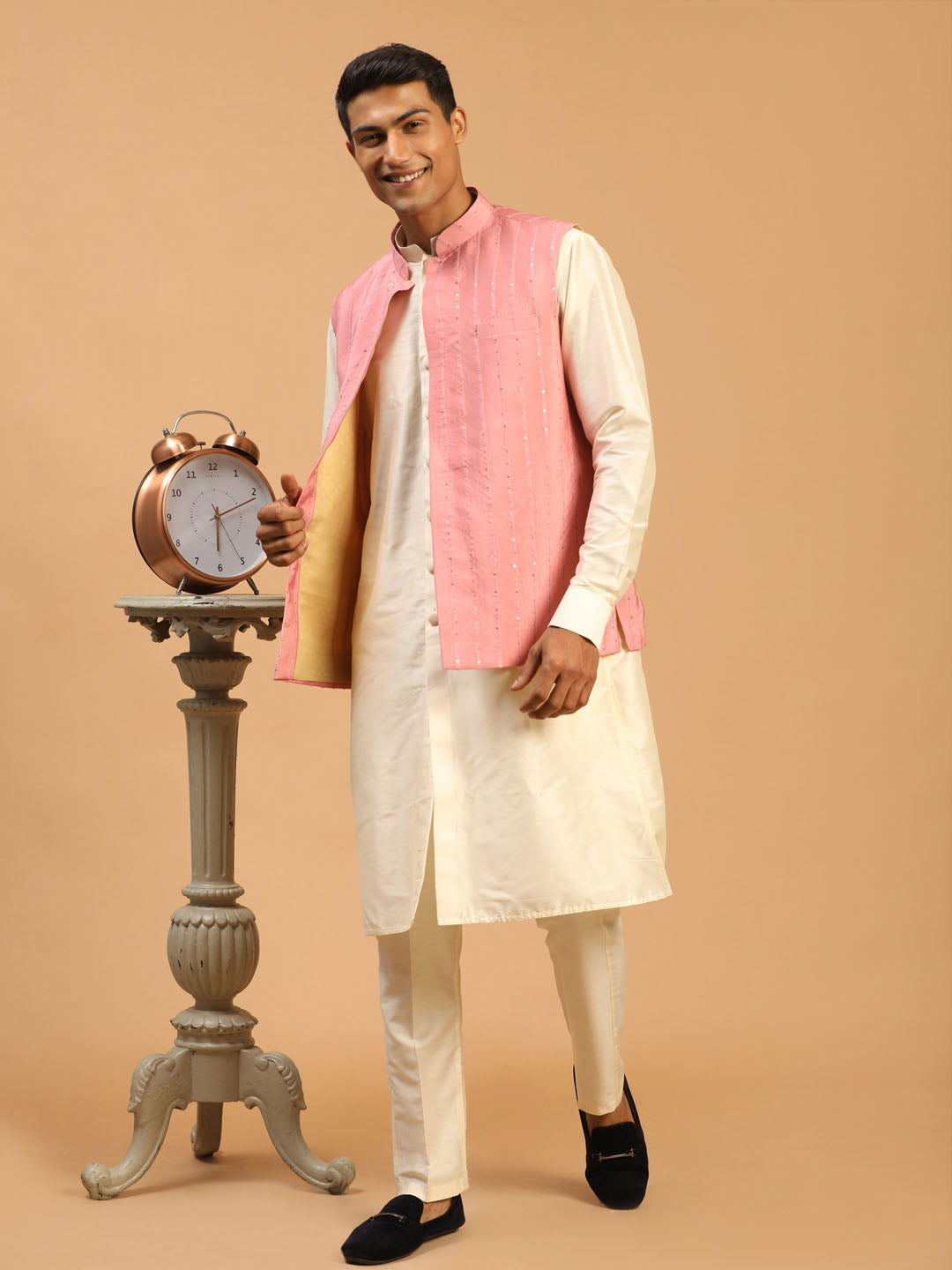 SHRESTHA by VASTRAMAY Men's Purple Sequined Ethnic Jacket With Cream Kurta And Viscose Pant Set