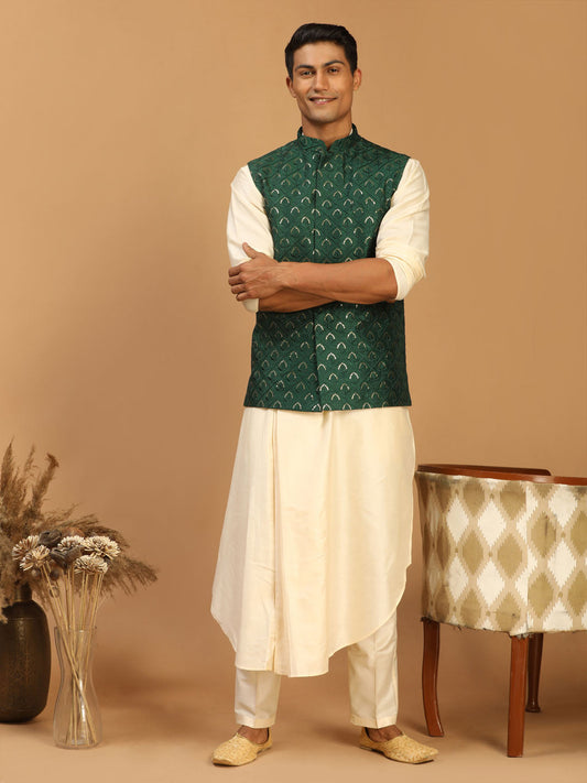 vastramay mens cream mirror work jacket and cream pleated kurta pant set
