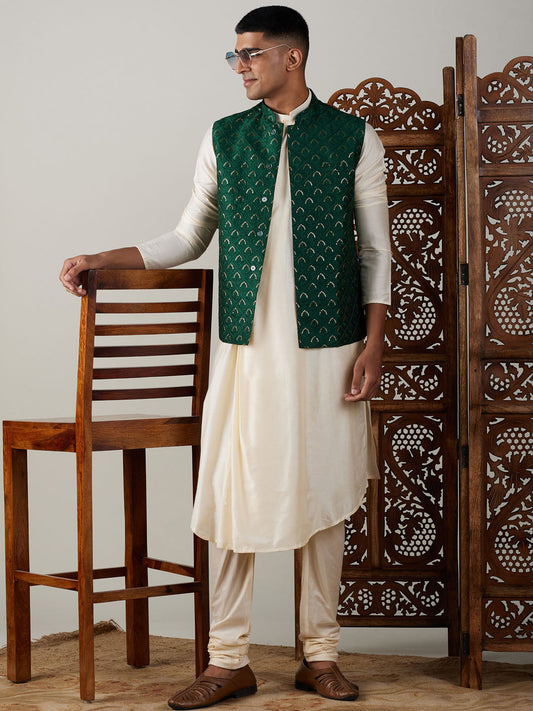 vastramay mens green embellished jacket and cream pleated kurta wirh pyjama set