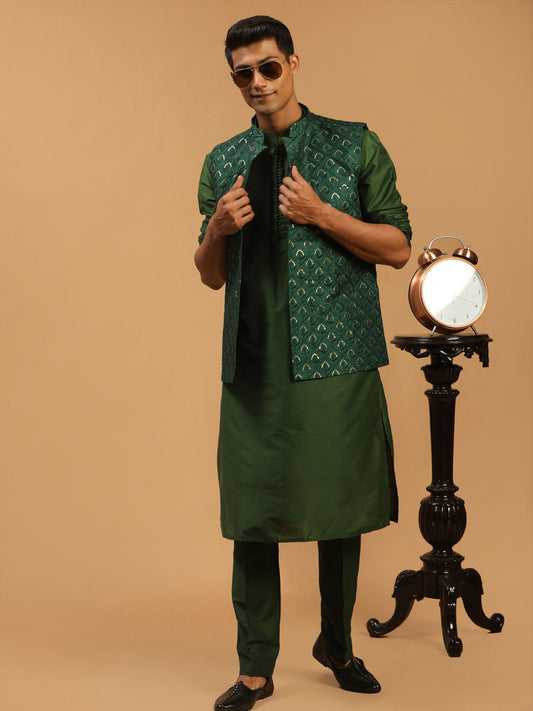 vastramay mens green embellished jacket and green kurta and pant set