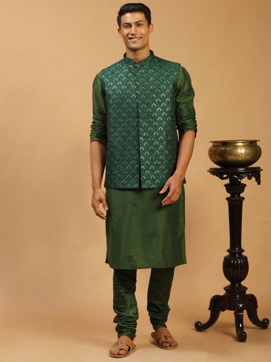 vastramay mens green embellished jacket and green kurta churidar set