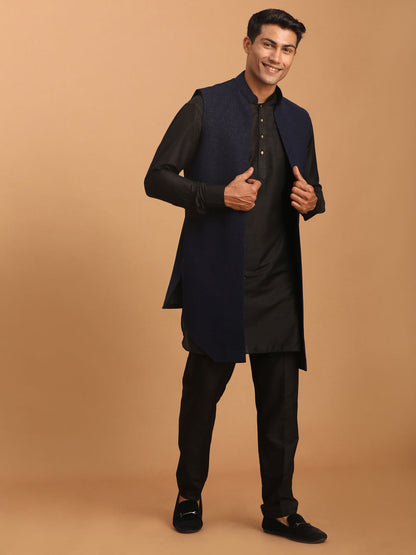 VASTRAMAY Men's Navy Blue Dot Glitter Printed Jacket With Black Silk Blend Curved Hem Kurta And Pant Set