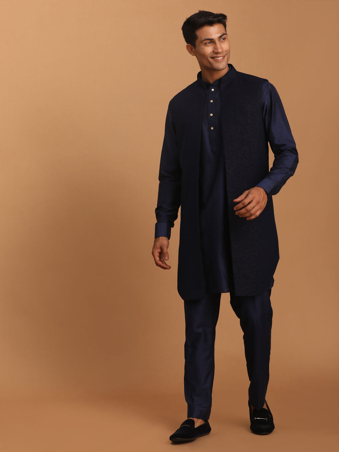 VASTRAMAY Men's Navy Blue Dot Glitter Printed Jacket With Blue Silk Blend Curved Hem Kurta And Pant Set