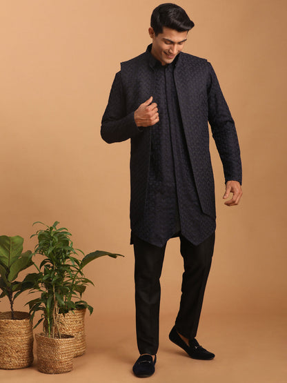 VASTRAMAY Men's Navy Blue Jacket With Kurta Pant Set