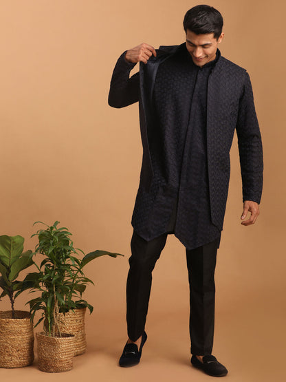 VASTRAMAY Men's Navy Blue Jacket With Kurta Pant Set