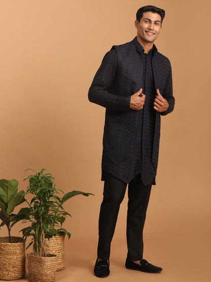 VASTRAMAY Men's Navy Blue Jacket With Kurta Pant Set