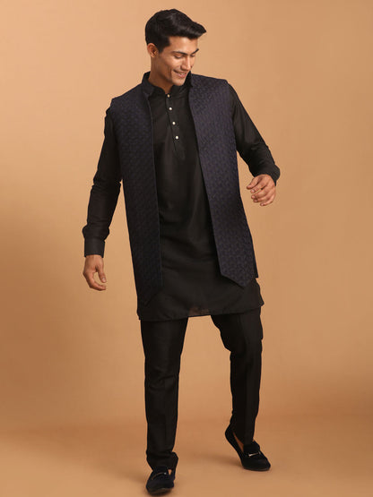 VASTRAMAY Men's Navy Blue Jacket With Kurta Pant Set