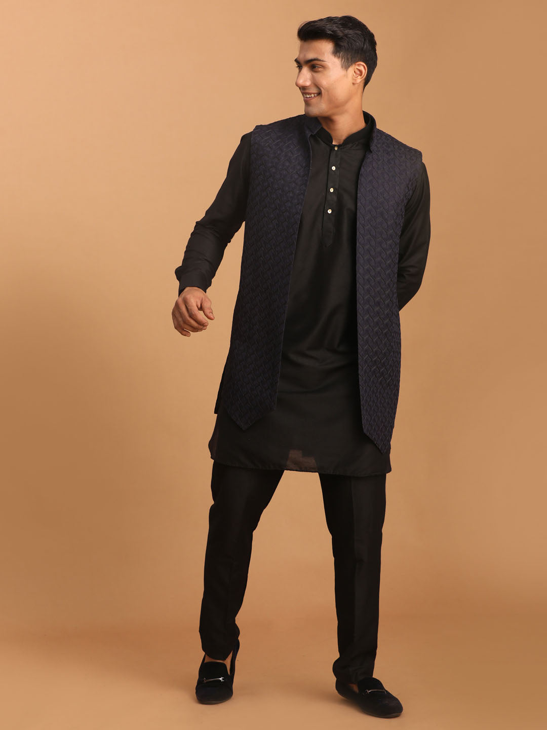 VASTRAMAY Men's Navy Blue Jacket With Kurta Pant Set